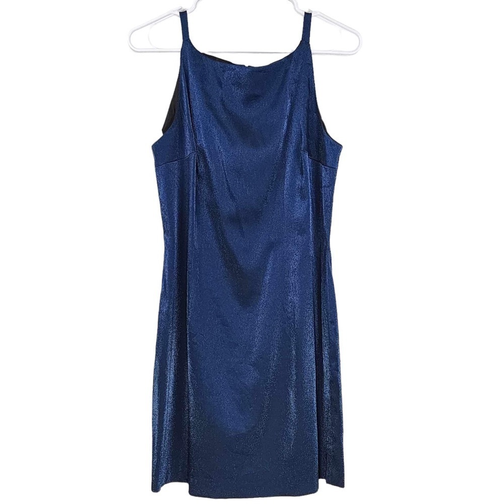 Be‎ Smart Womens Blue Metallic Shimmer Sheath Dress Square Neck Size Medium